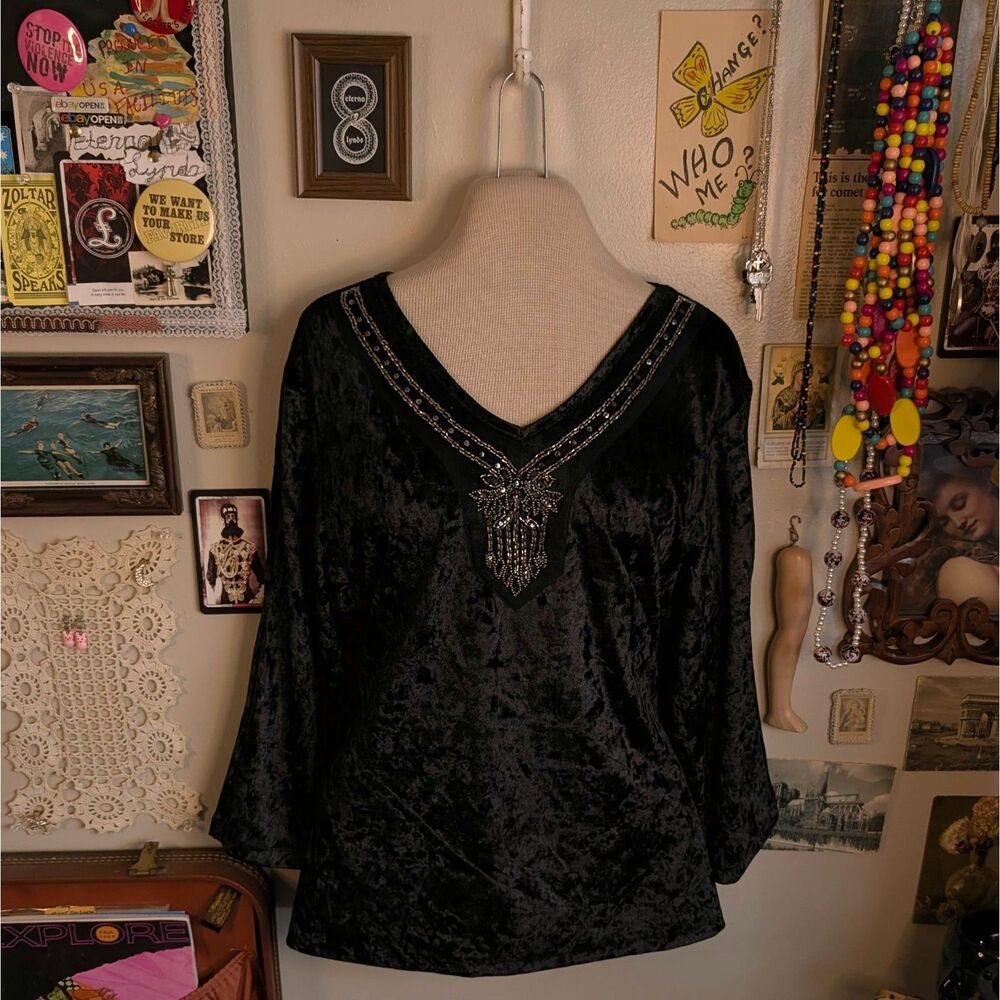 Crushed Velvet Beaded Blouse Women's Large/XL Black